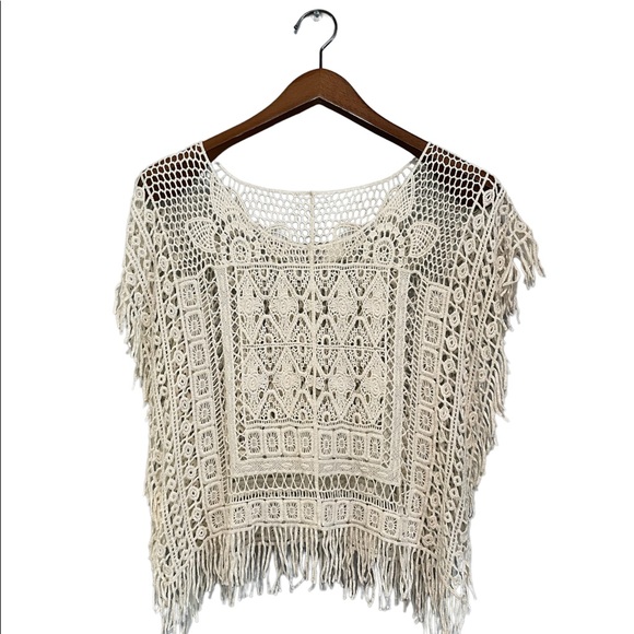 Beige Crochet Lace Embroidered Coverup Blouse Batwing Sleeve Loose Fit - Picture 5 of 16